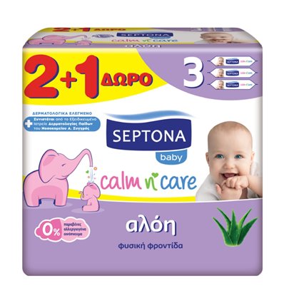 Septona Baby Wipes Calm N' Care Baby Wipes Aloe Vera 2+1 FREE 171pcs