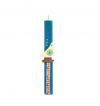 Easter Blue Candle With Boat Eye And Pearls In Paper Packaging