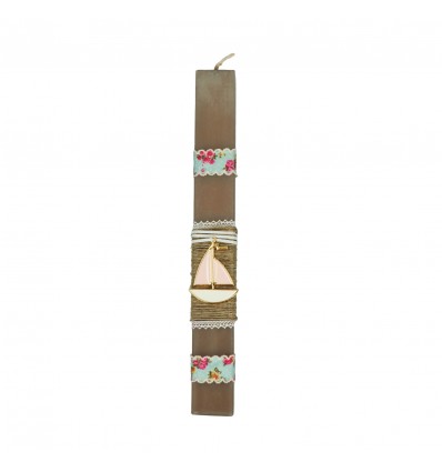 Easter Gray Candle With Boho Ribbons And Pink Boat In Paper Packaging